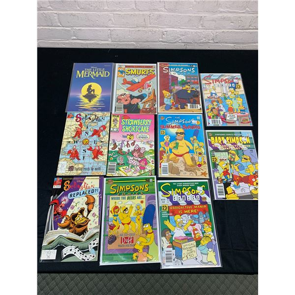 Lot of 11 Vintage Comic Books The Simpsons, The Little Mermaid, Smurfs, Strawberry Shortcake, etc