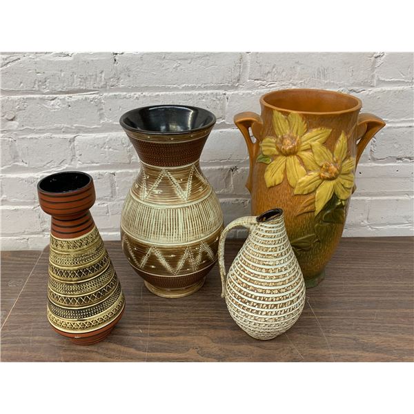 Lot of 4 Germany Pottery Vases 9" tall to 13" tall in Size, Large Roseville *damaged* Vase