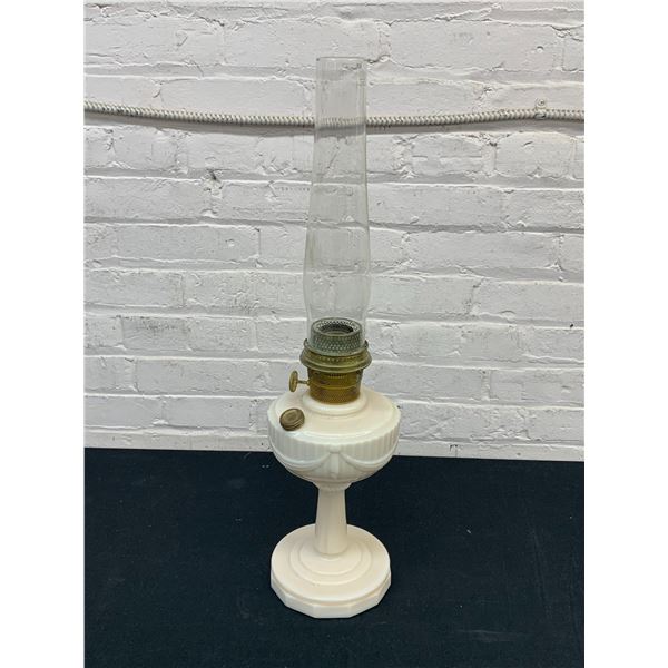 Vintage Aladdin Pink Milk Glass Oil Lamp Lantern Drape Style, Pyrex Chimney