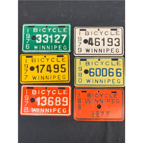 Lot of 6 Vintage Winnipeg Bicycle License Plates Sequential 1976, 77, 78, 79, 80, 81