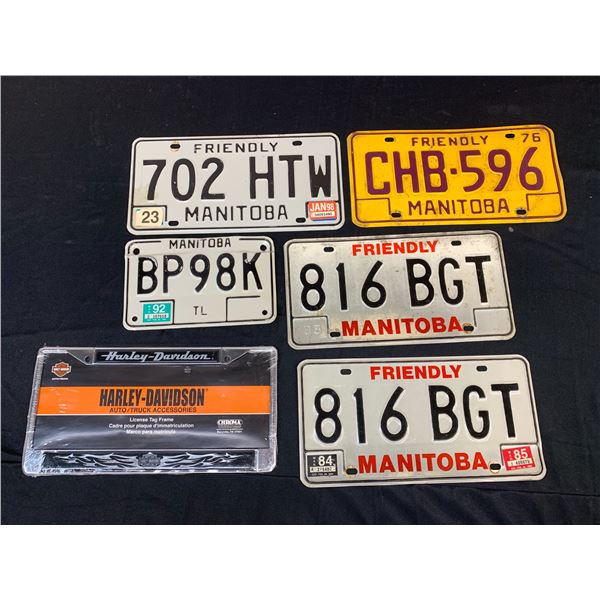 Lot of 6 Manitoba License Plates 70s 80s 90s and Harley Davidson License Frame