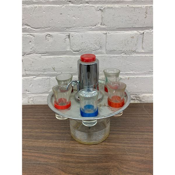 Vintage MCM Atomic Chrome Liquor Pump Shot Glasses Bar Set