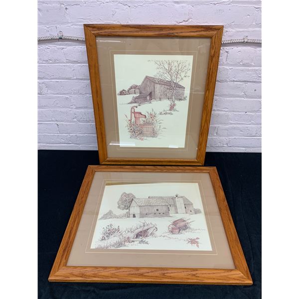 Pair of Framed F. Massa Art Prints 25" x 21" House Scenes, Sketches