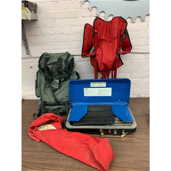 Camp Trails Megalith Survival Hiking Camping Pack Backpack, Broadstone Gas Stove & Chair