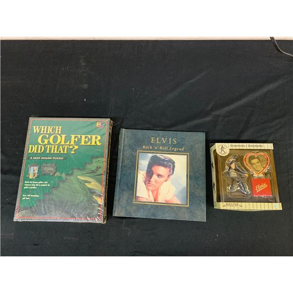 Lot of 3 SEALED 'Which Golfer Did That?" Elvis Hardcover Book and Ornaments