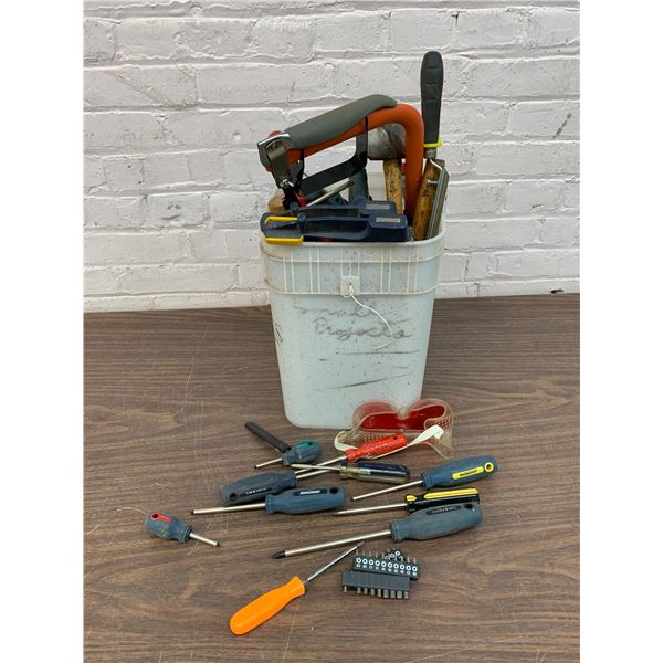 Bucket of Misc Hand Tools / Screwdrivers / Saws, etc