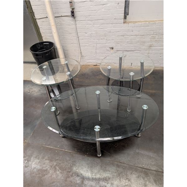 Modern Ashley Furniture Glass Top Chrome Leg Coffee Table End Table Set