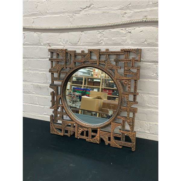 Vintage MCM Coppercraft Brutalist Wall Mirror Square / Circle 18" x 18"
