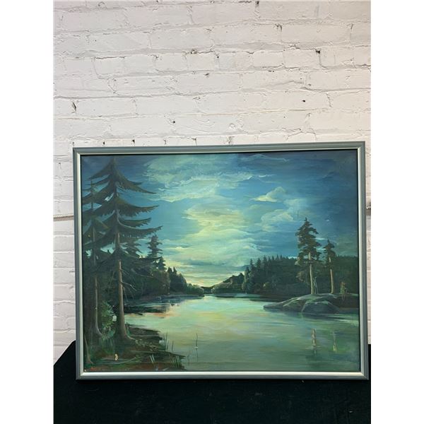 Original Framed Painting, Oil Forest River Landscape Scene Artist Signed A. Gertron? 40" x 32"