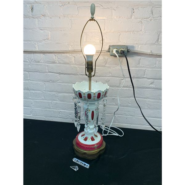 Vintage Bohemian Cut Cranberry Glass Crystal Pendant Table Lamp 32"