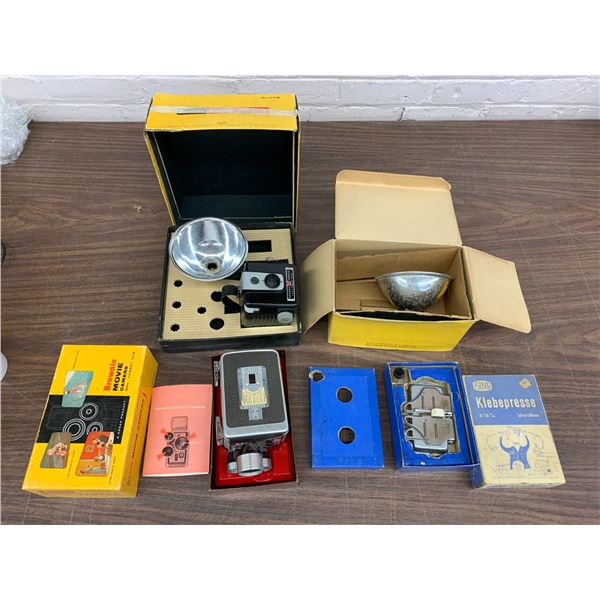 Lot of Vintage Kodan Cameras and Accessories Brownie Hawkeye, Flash, Movie Camera, Klebepresse