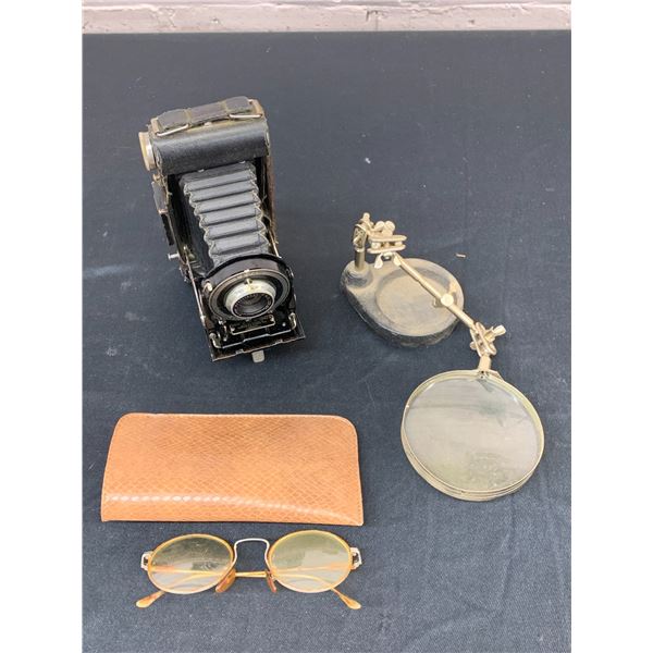 3pcs Kodak JR Six-20 Fold-In Accordion Film Camera, Glasses and Desk Magnifier