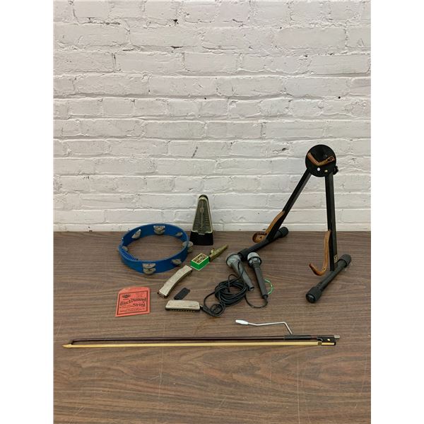 Lot of Music Related Guitar Stand, Harmonica, Microphones, etc