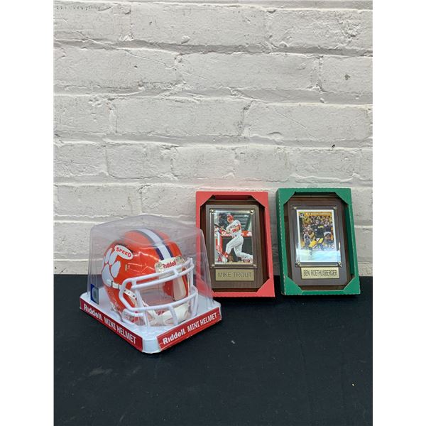 Signed Justyn Ross Mini Helmet and two sports cards plaques