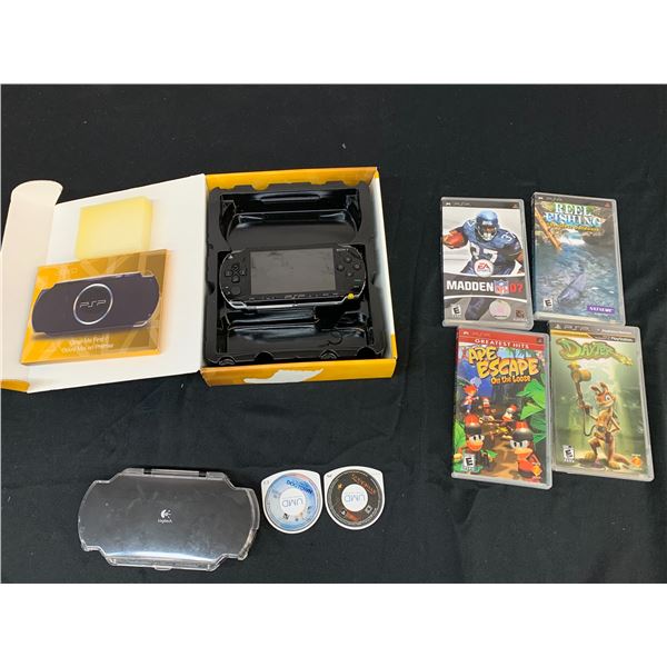 PSP Bundle Handheld Console (as is) x4 Games w Cases, x2 Loose Games, Case, Box