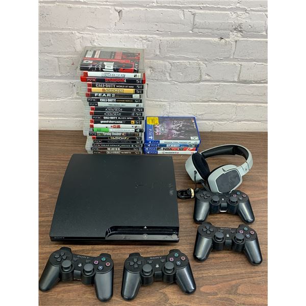 Playstation Lot PS3 Console, 20 Games, Controllers, Headphones & 4 PS4 Games