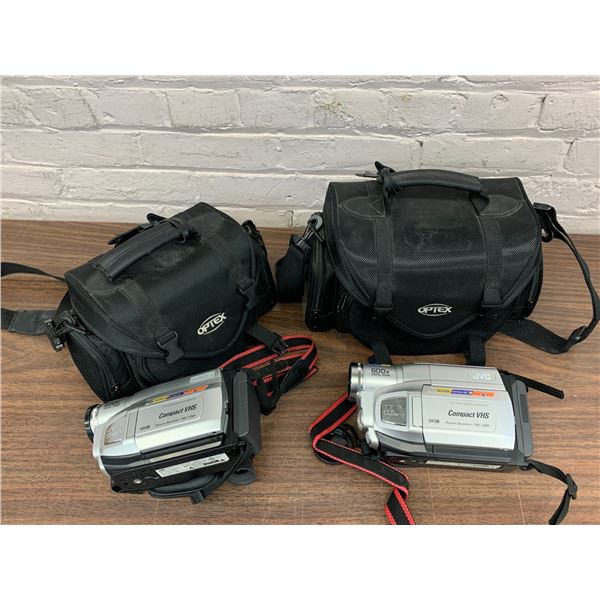 Pair of Compact VHS JVC Camcorders in Optex Bags