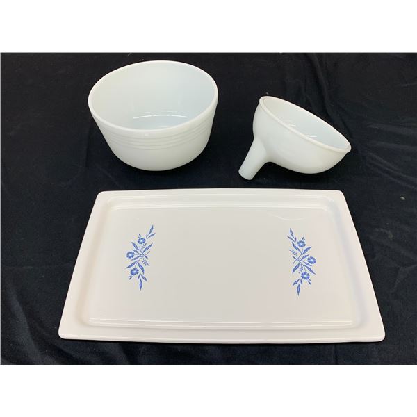 Lot of 3 Pyrex Mixing Bowl, Corning Ware Platter and Sunbeam MixMaster Juicer Attachment