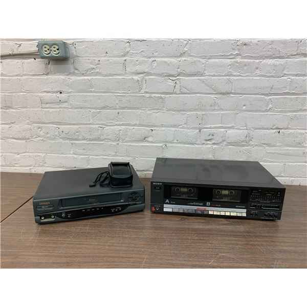 3 Vintage Electronics VCR, Double Cassette Deck and Film Camera