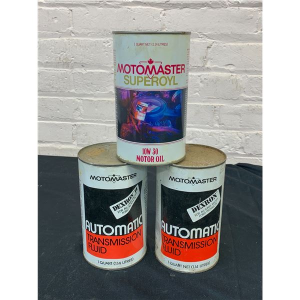 Lot of 3 1L Vintage FULL Motomaster Motor Oil / Transmission Fluid Tins Cans