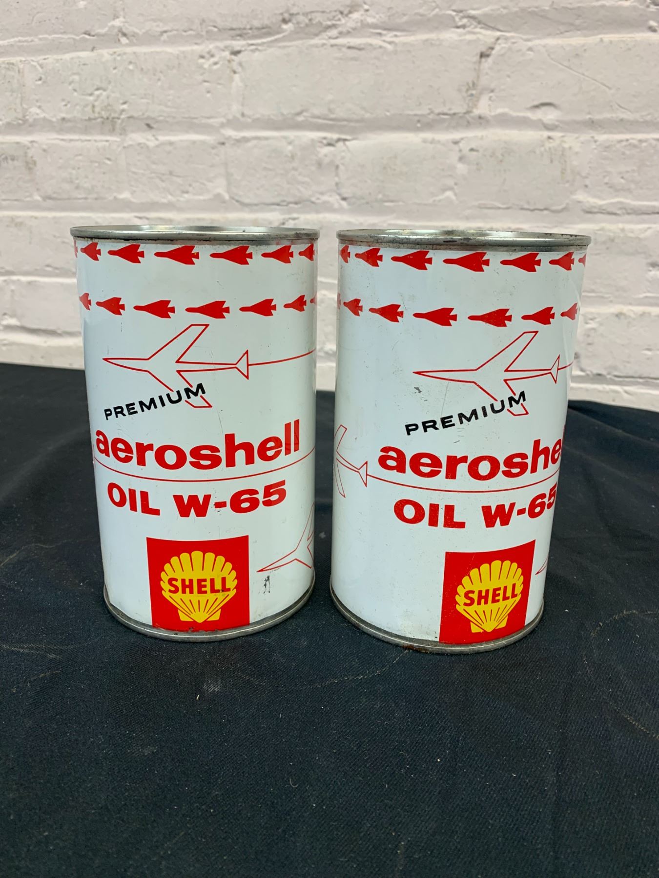 Aeroshell 65 Pair of FULL Vintage Premium Aeroshell Oil W-65 SHELL Oil Tins Cand
