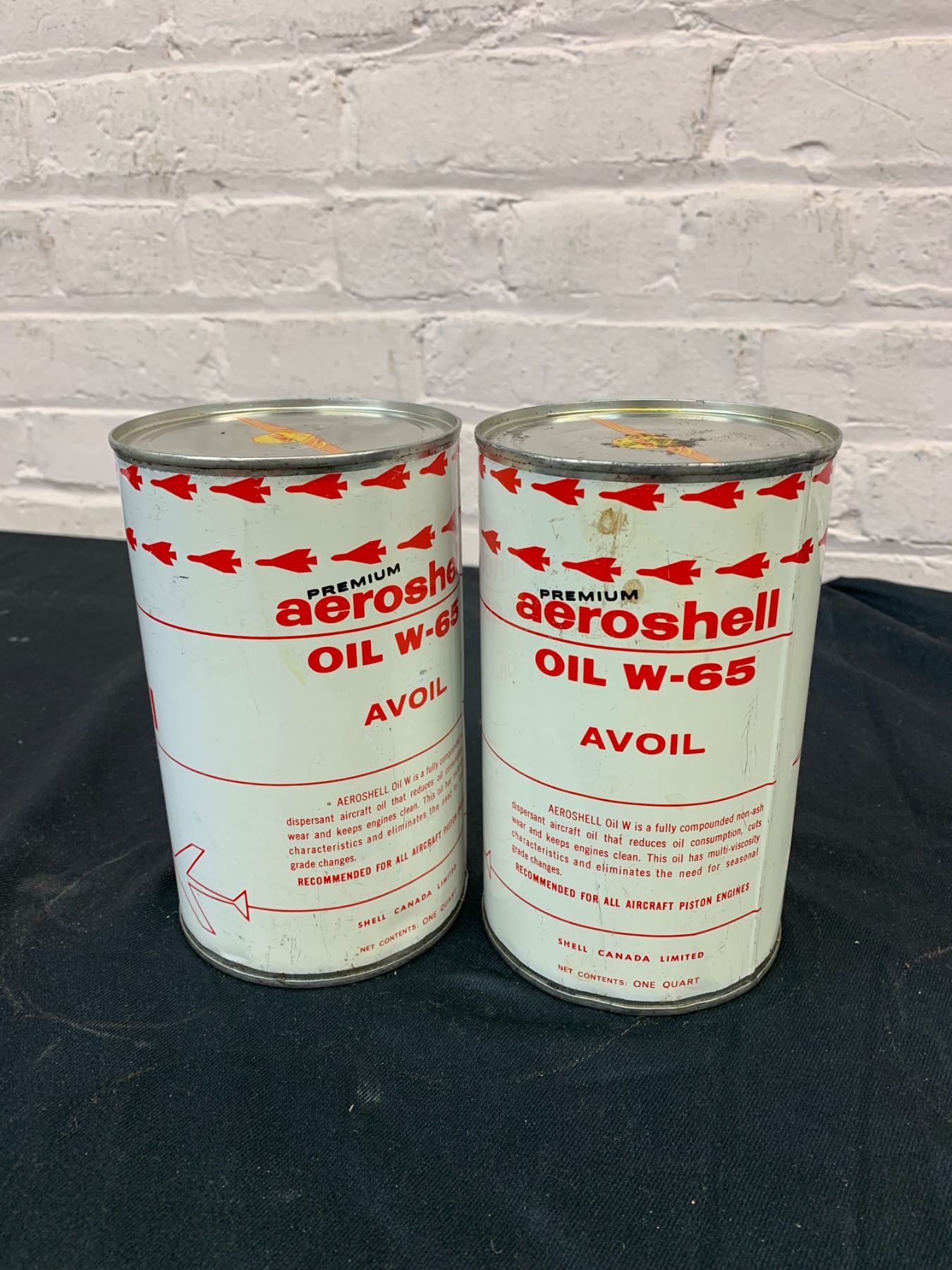 Aeroshell 65 Pair of FULL Vintage Premium Aeroshell Oil W-65 SHELL Oil Tins Cand