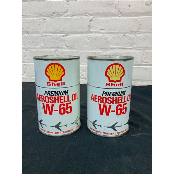 Pair of Vintage FULL SHELL Premium Aeroshell Oil W-65 Motor Oil Tins Cans 1 Litre