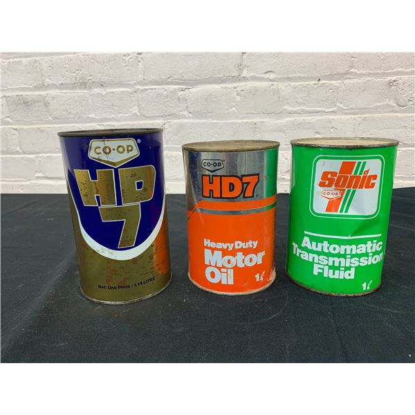 Lot of 3 Vintage 1L FULL Oil Tins Cans HD 7, Motor Oil, Transmission Fluid