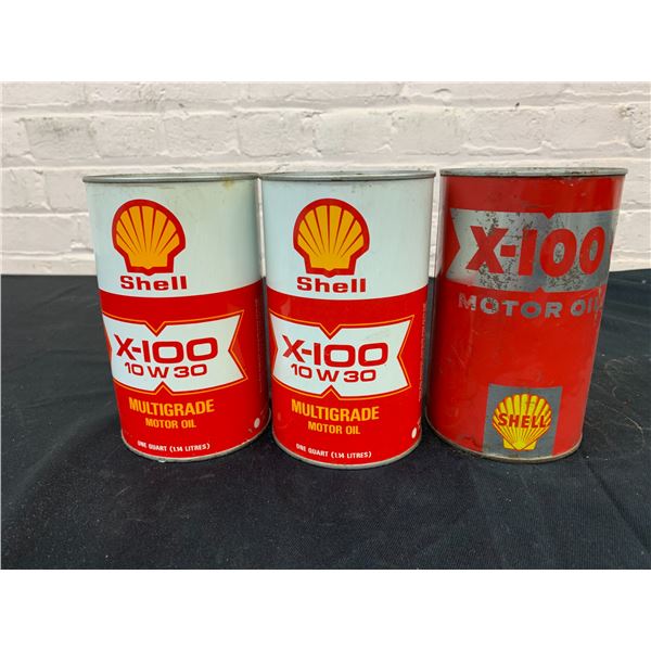 Lot of 3 Vintage FULL Motor Oil Tins Cans Shell X-100 1 Litre