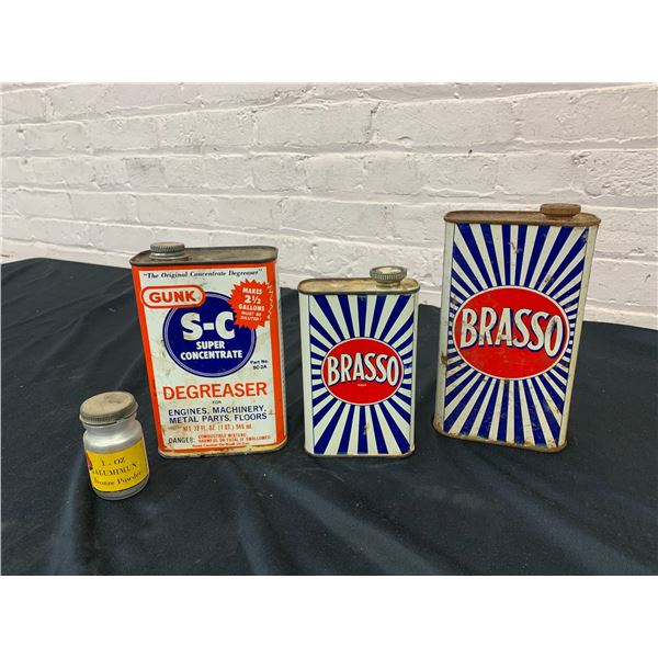 Lot of 4 w Contents Brasso Metal Polish Tins Cans, S-C Degreaser, 1 oz Aluminum Bronze Powder