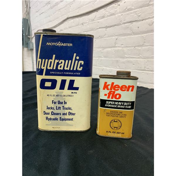 Lot of 2 Vintage Tins Cans Hydraulic Oiland Kleen-Flo Brake Fluid (w contents)