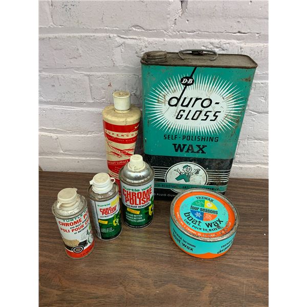 Lot of 6pcs Vintage Polish and Wax, Boat Wax, Chrome Polish, Dura-Gloss Wax w Contents