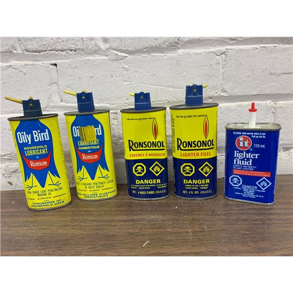 Lot of 5pcs Vintage Tins Oily Bird Ronson Household Lubricant, Ronson & it Lighter Fluid (w contents