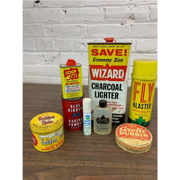 Lot of 8 Vintage Household Tin Cans Wizard Charcoal Lighter, Fly Blaster, Arctic Dubbin, Blue Ribbon