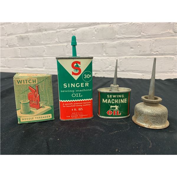 Lot of 4 Singer Sewing Machine Oil Tins, Witch Needle Threader