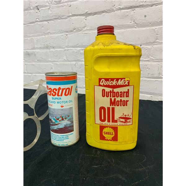 Lot of 2 Outboard Motor Oil Quick-Mix and Castrol Tin Full, Jug w Contents