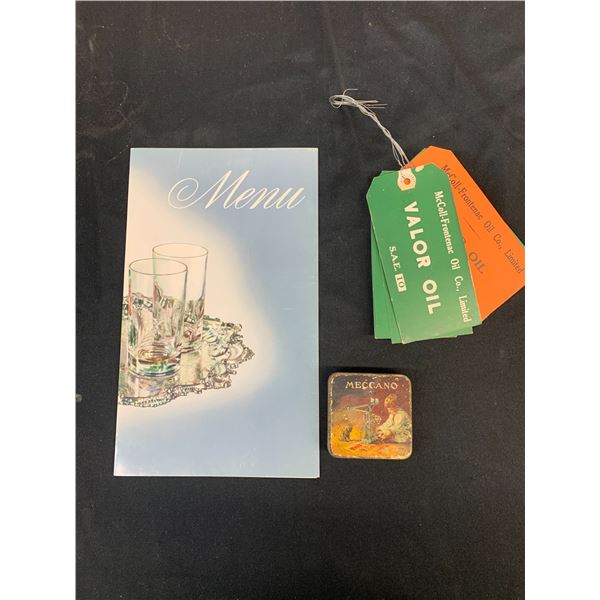 Lot of 3 Vintage 7-Up Menu Booklet, MECCANO Mini Tin, Oil Tags