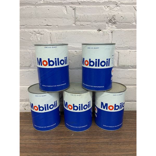 Lot of 5 Vintage FULL Mobiloil Tins Cans 1 Quart
