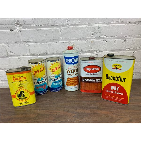 Lot of 6 Vintage Tins Cans Beautiflor Wax, Truwax Cleaning, Kristalite, Shuffleboard Wax