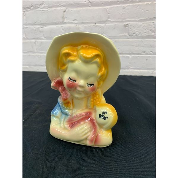 Vintage USA Ceramic Pocket Planter Girl with Doll 6"