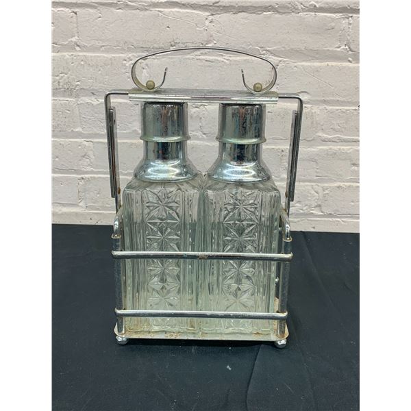 Metal Liquor Decanter Bottle Caddy and 2 Glass Bottles w Spout Lids