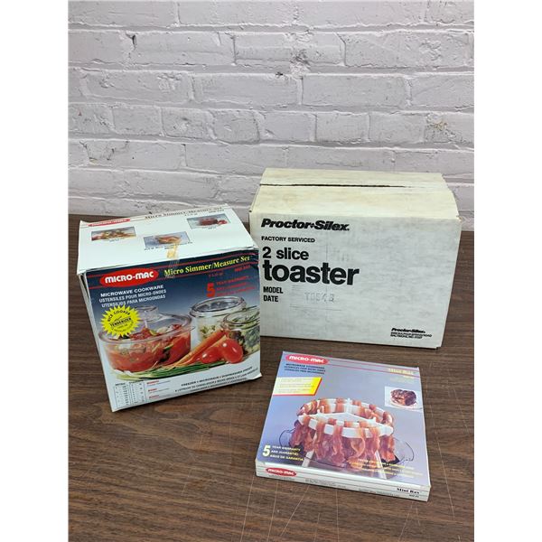 Lot of 3 Boxed Vintage Kitchenware Micro-Mac Cookware Bacon Tray, Measure Set, Toaster