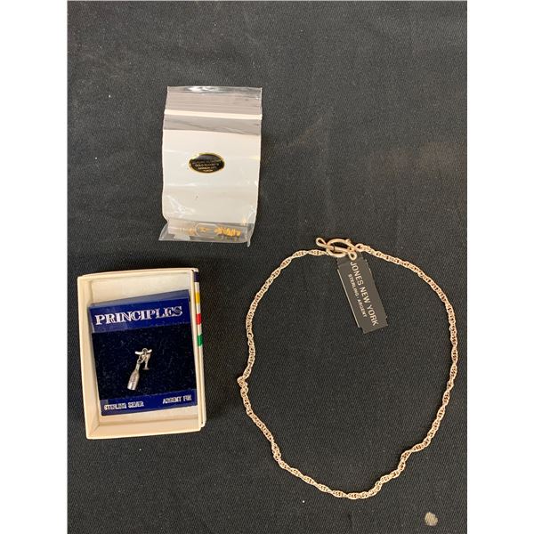 Lot of Sterling Silver Jones New York Necklace, Wine Bottle & Glass Charm, Gold Flakes Klondike