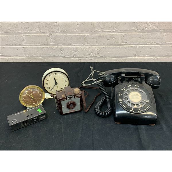 Vintage Lot 2 Desk Clocks, 2 Kodak Film Cameras and Black Rotary Telephone