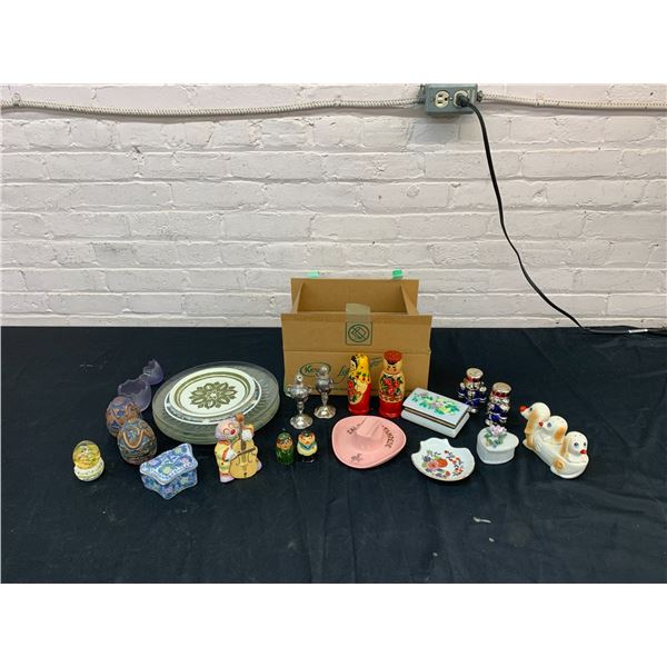 END OF THE RUN Lot of Misc Trinkets, Figural Salt and Pepper Shakers, Plates, Trinket Boxes, etc