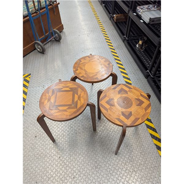 Set of 3 Geometric Inlaid Wood Marquetry Stacking Tables Nesting
