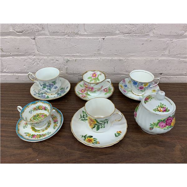 Lot of 5 Tea Cups and Saucers, Sugar Bowl Royal Albert, Paragon, etc Fine Bone China