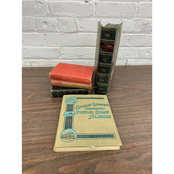 Lot of 5 Vintage Antique Books Charles Dickens, Postage Stamp Album, The Leisure Hour 1853