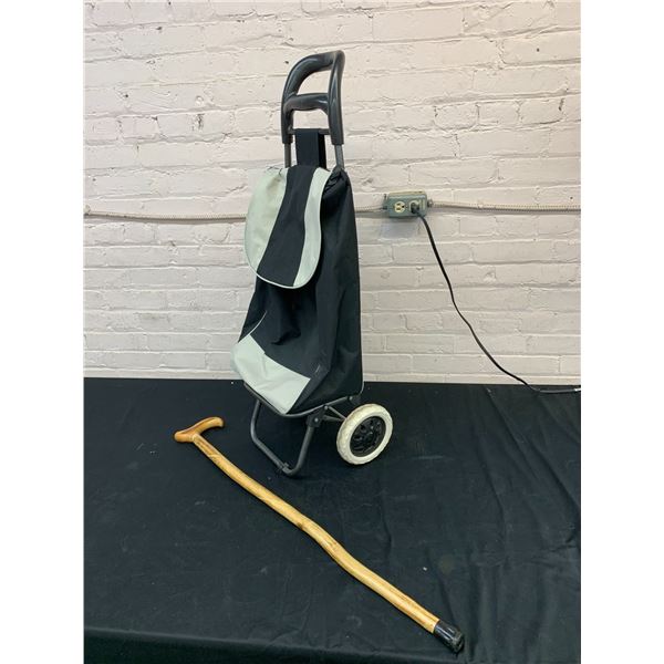 Shopping Rolling Cart and Wooden Cane