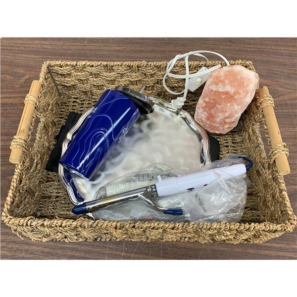 Tray of Trinkets, Salt Lamp, Thermos, Curling Iron